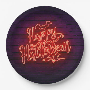 Happy Halloween Neon Look Witch Bat Brick Party 9" Paper Plate