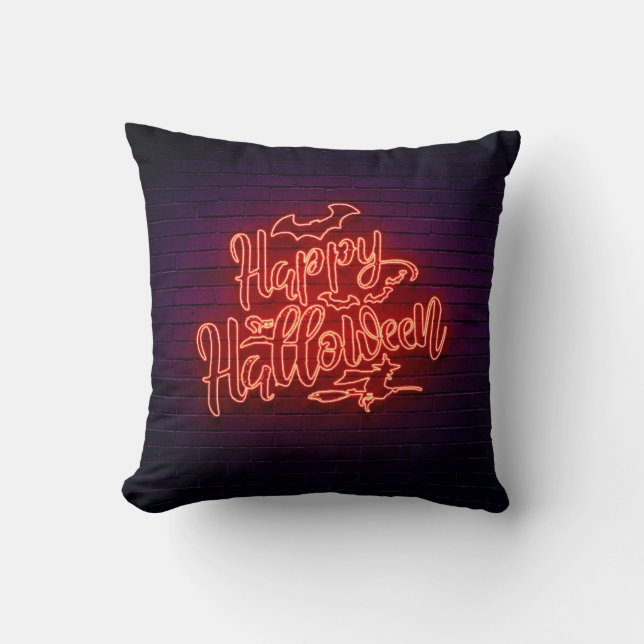 Happy Halloween Neon Look Witch Bat Brick Party Cushion (Front)