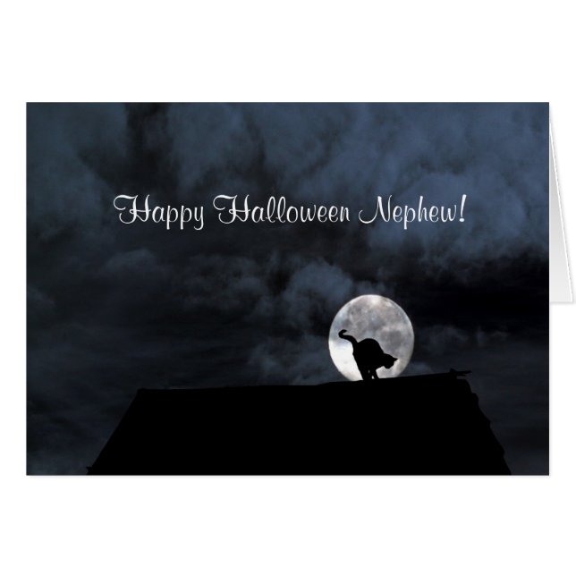 Happy Halloween Nephew Cat and Moon Card (Front Horizontal)