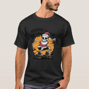 Happy Halloween Night Santa Skeleton Playing Skate T-Shirt