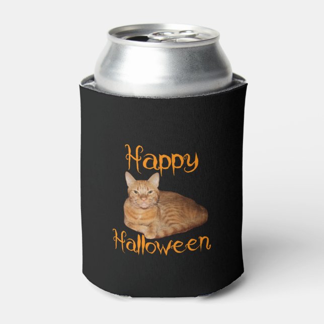 Happy Halloween Non-Scary Orange Tabby Cat Can Cooler (Can Front)