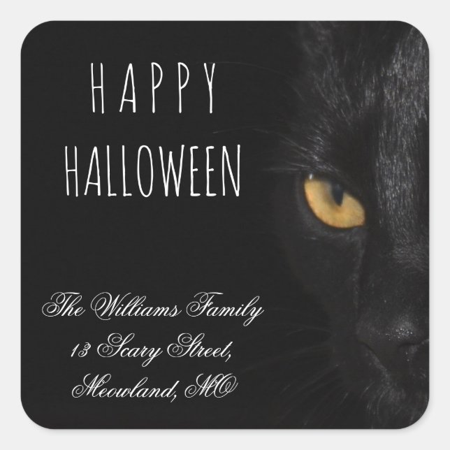 Happy Halloween or Your Text Scary Spooky Cat Eye Square Sticker (Front)