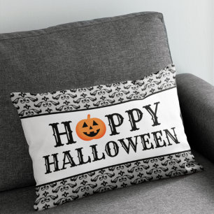 Happy Halloween Orange and Black Typography Lumbar Cushion