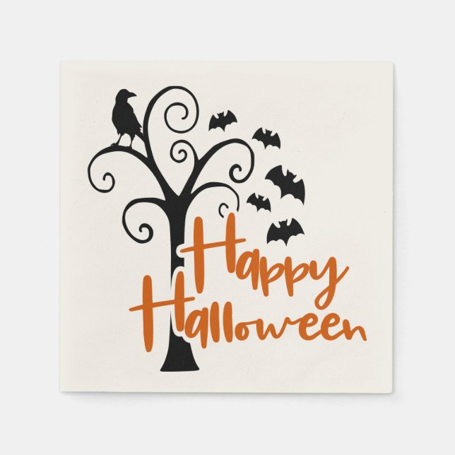 Happy Halloween Orange Black Dead Tree Bats Raven Napkin (Front)