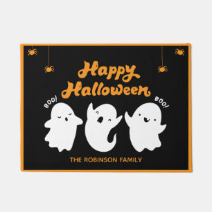 Happy Halloween Orange Black Ghosts Monogram Name  Doormat