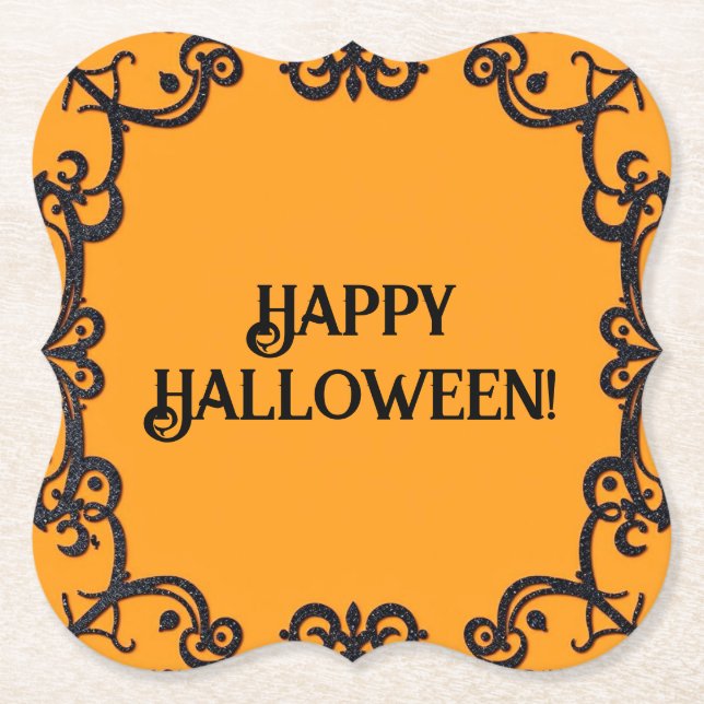 Happy Halloween Orange & Black Paper Coaster (Front)