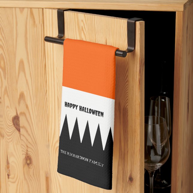 Happy Halloween Orange Black Personalised Tea Towel (Thirds Fold)