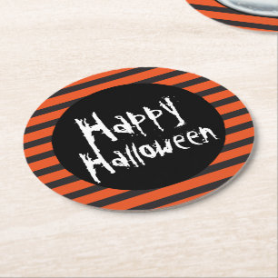 Happy Halloween Orange Black Striped Spooky Font Round Paper Coaster