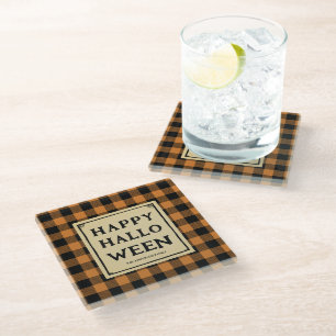 happy halloween orange check throw pillow glass coaster