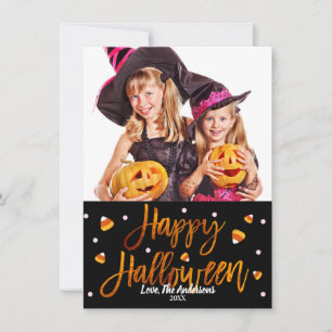 Happy Halloween Orange Foil Modern Script Photo Card
