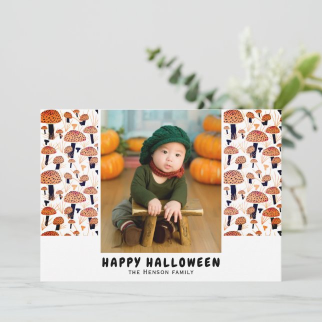 Happy Halloween Orange Mushroom Fall Photo  Holiday Card (Standing Front)