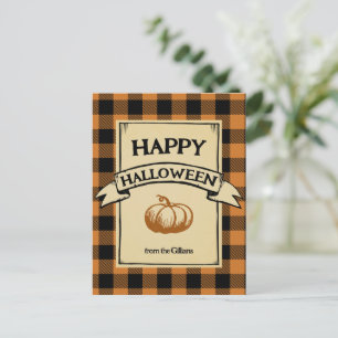 happy halloween orange plaid postcard