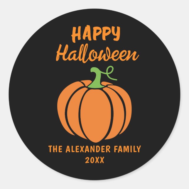 Happy Halloween Orange Pumpkin Black  Classic Round Sticker (Front)