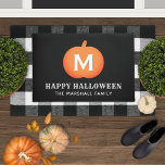 Happy Halloween Orange Pumpkin Custom Initial Doormat<br><div class="desc">This scary cute personalised Halloween doormat features an orange pumpkin with black custom monogram initial and decorative "Happy Halloween" wording with modern custom family name text that can be personalised.</div>