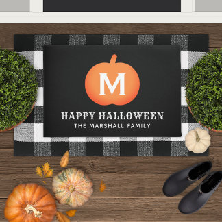 Happy Halloween Orange Pumpkin Custom Initial Doormat