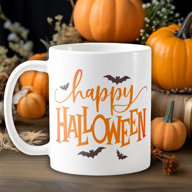 Happy Halloween Orange Script with Black Bats Coffee Mug (Happy Halloween Orange Script with Black Bats Coffee Mug)