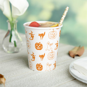 Happy Halloween orange white spooky pattern  Paper Cups