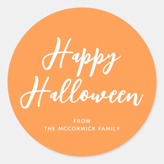 Happy Halloween Orange White Stylish Script Classic Round Sticker (Front)