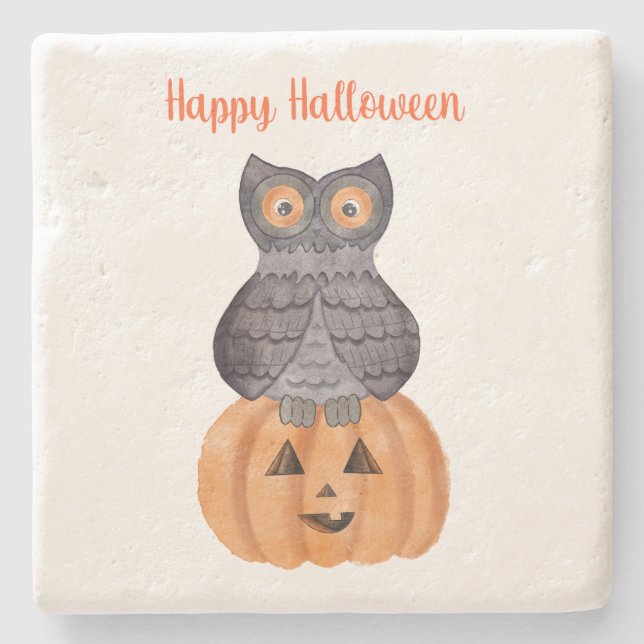 Happy Halloween Owl and Pumpkin  Stone Coaster (Front)