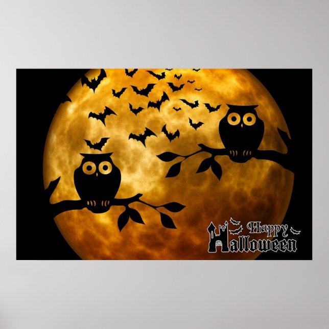 Happy Halloween Owls and Bats Poster (Front)