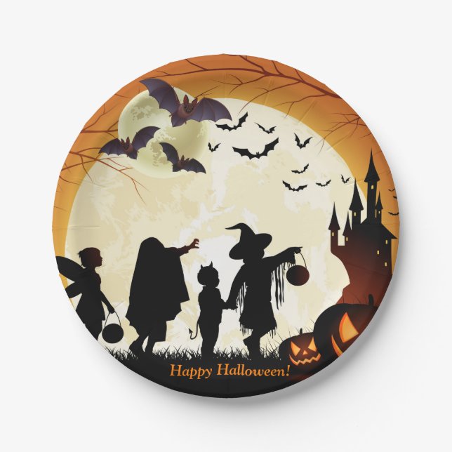 Happy Halloween Party Bats Pumpkins Paper Plate (Front)