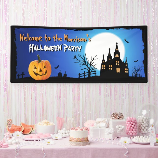 Happy Halloween Party Blue Moonlight Scary Night Banner (Party)