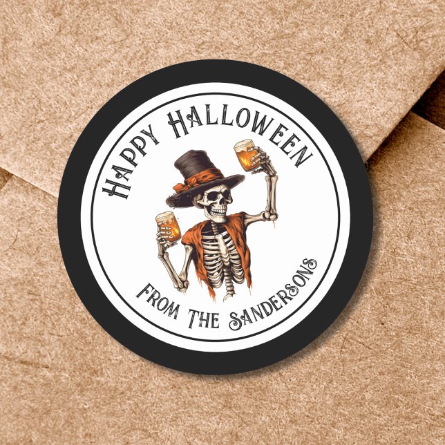 Happy Halloween Party Classic Round Sticker (Skeleton Happy Halloween Classic Round Sticker)