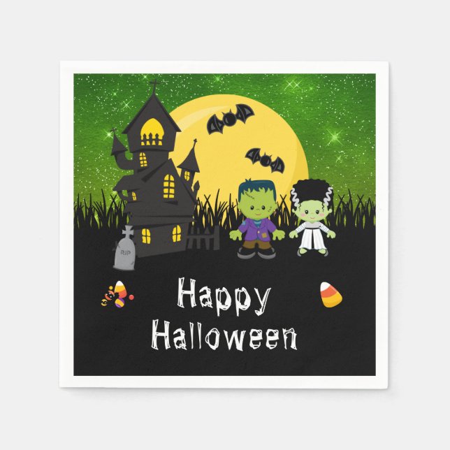 Happy Halloween Party Monsters Green Napkin (Front)