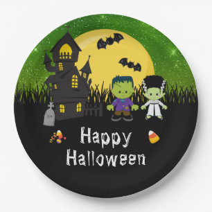 Happy Halloween Party Monsters Green Paper Plate