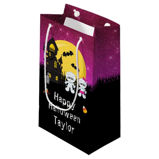Happy Halloween Party Mummy Pink Small Gift Bag (Front Angled)