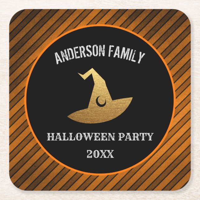 Happy Halloween Party Personalised Witch Hat Drink Square Paper Coaster (Front)