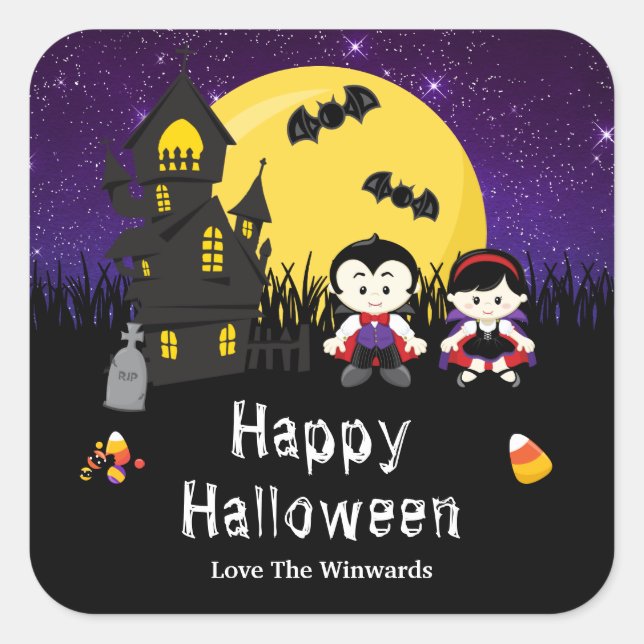 Happy Halloween Party Vampires Purple Square Sticker (Front)