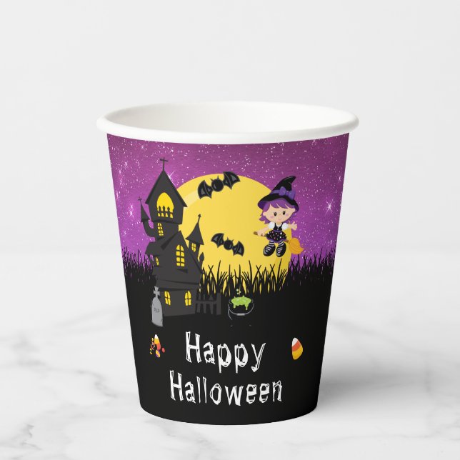 Happy Halloween Party Witch Purple Paper Cups (Front)