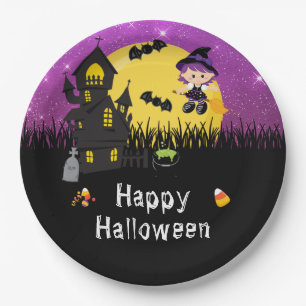 Happy Halloween Party Witch Purple Paper Plate