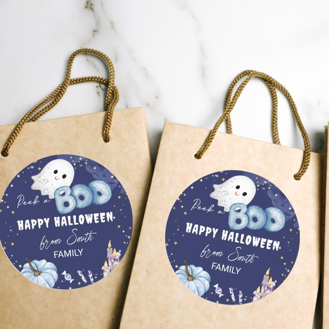 Happy Halloween peek a boo cute baby ghost  Classic Round Sticker (Happy Halloween stickers cute baby ghost starry blue night pumpkin stickers)