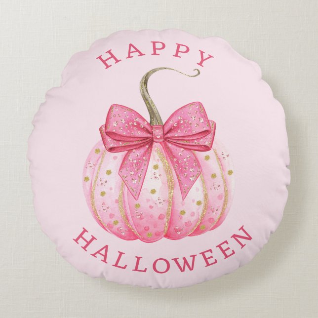 Happy Halloween Pink Coquette Bow Pumpkin Round Cushion (Front)