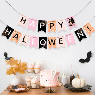 Happy Halloween Pink Orange Black Haunted House Bunting