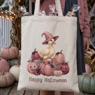 Happy Halloween Pink Witch Duck & Pink Pumpkins Tote Bag