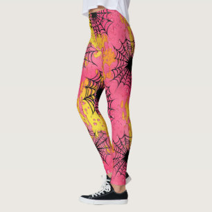 Happy Halloween Pink & Yellow Funny spider's web Leggings