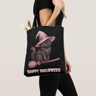 Happy Halloween Pinkoween Vintage Black Witch Cat Tote Bag