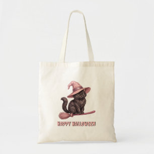 Happy Halloween Pinkoween Vintage Black Witch Cat Tote Bag