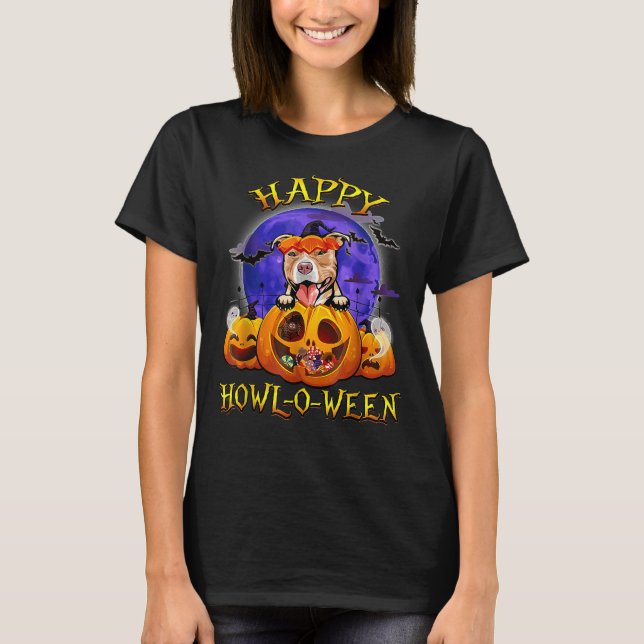 Happy Halloween Pitbull With Moon Pumpkin Dog Love T-Shirt (Front)