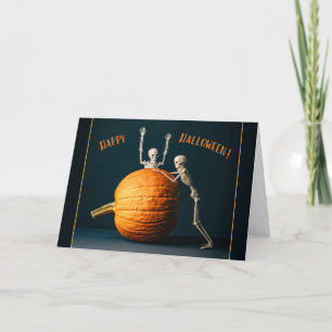 Happy Halloween Playful Skeletons with Pumpkin Holiday Card