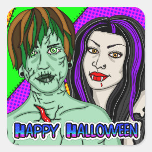 Happy Halloween   Pop Art zombie Vampire Square Sticker