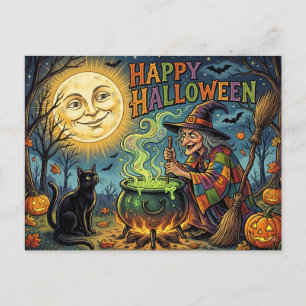 Happy Halloween Postcard, 1930s Retro Witch, Black Postcard