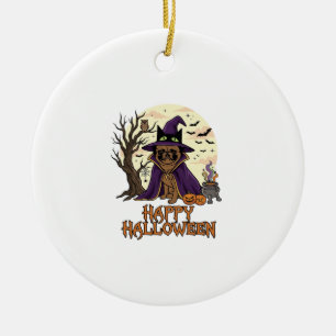 Happy Halloween Pug Witch Hat Cauldron Pumpkins_1 Ceramic Ornament