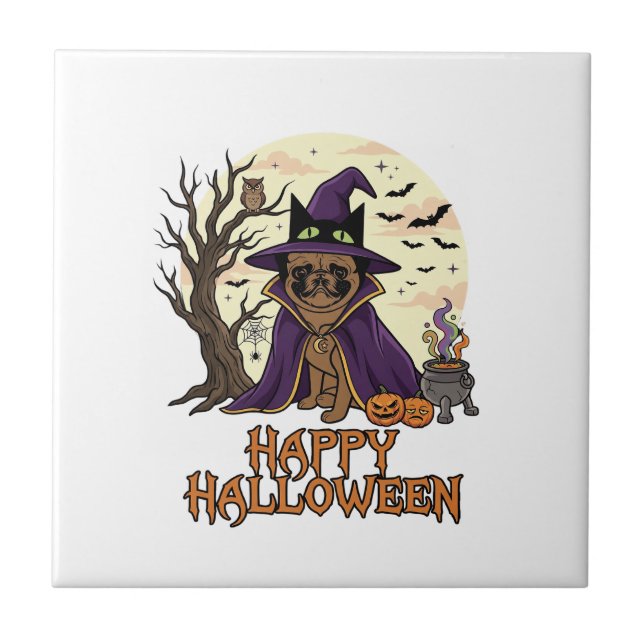 Happy Halloween Pug Witch Hat Cauldron Pumpkins_1 Ceramic Tile (Front)