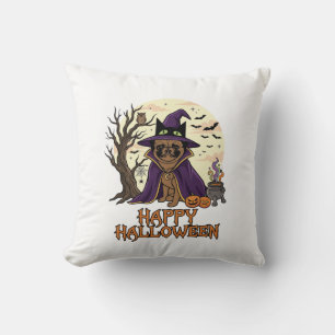 Happy Halloween Pug Witch Hat Cauldron Pumpkins_1 Cushion