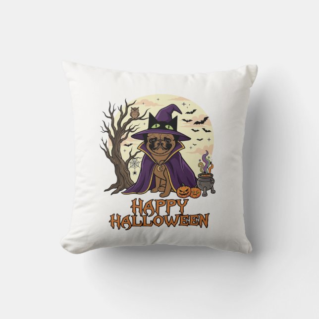 Happy Halloween Pug Witch Hat Cauldron Pumpkins_1 Cushion (Front)