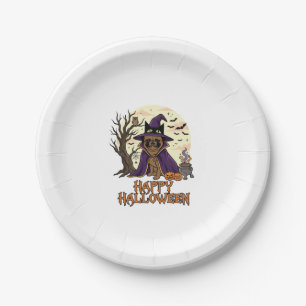 Happy Halloween Pug Witch Hat Cauldron Pumpkins_1 Paper Plate